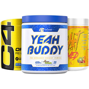 Tubs of pre-workout supplements